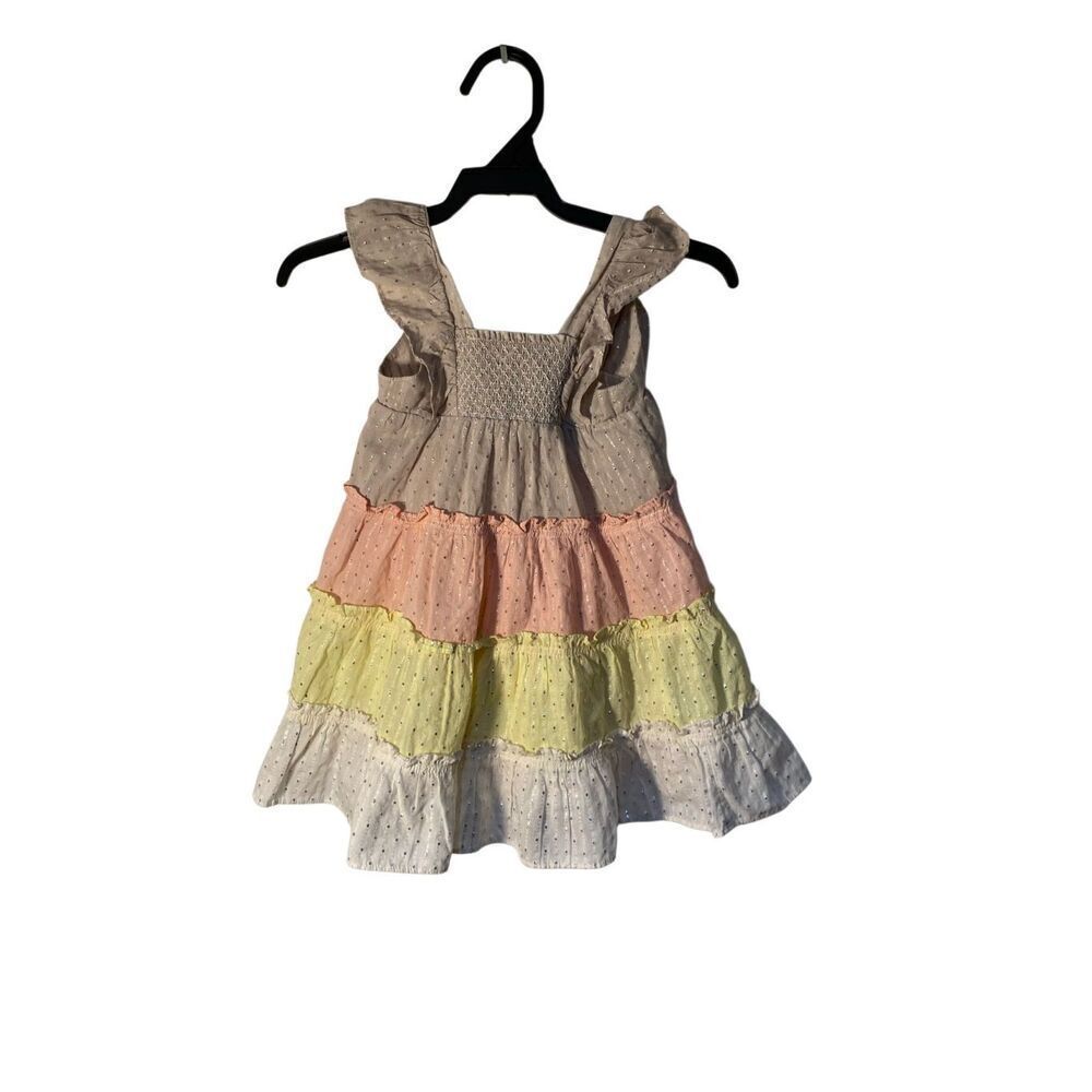 Peek girls infant ruffled cap sleeve tiered, lined multicolored dress, 12/18 M